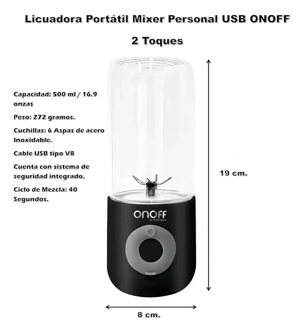 LICUADORA PORTÁTIL MIXER PERSONAL USB 500ML ONOFF