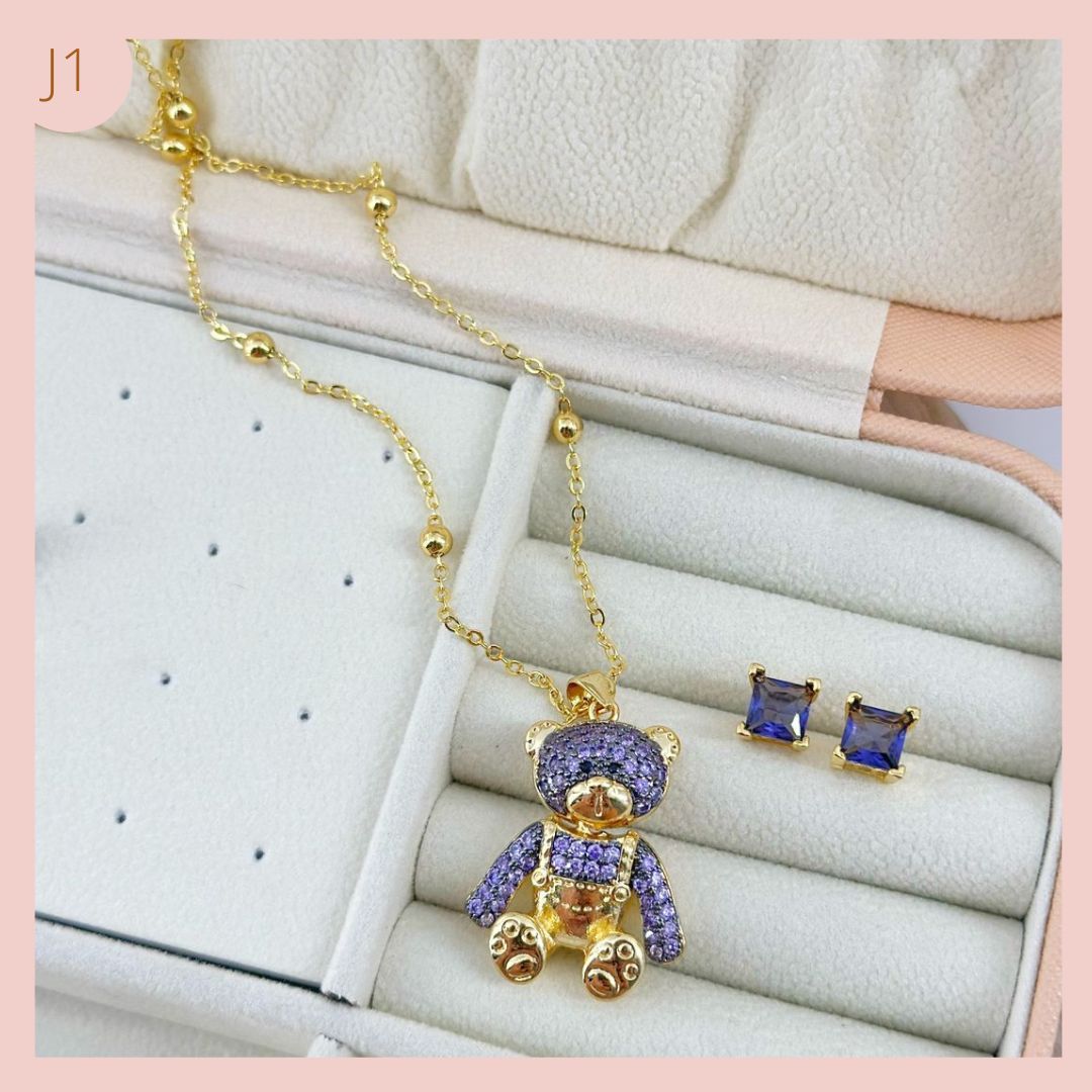 Collar, Dije y aretes Osito Teddy Lila