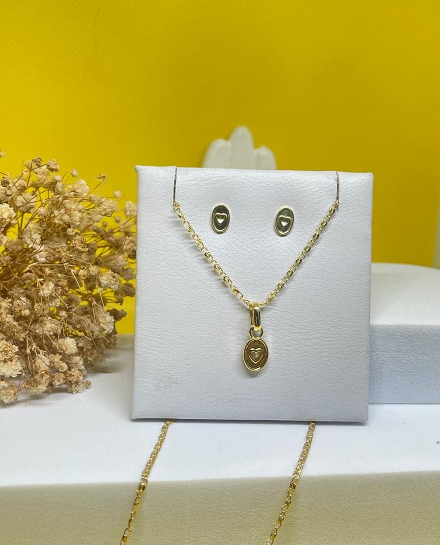 Conjunto cadena caracol 45cm + dije y topos corazon lisos