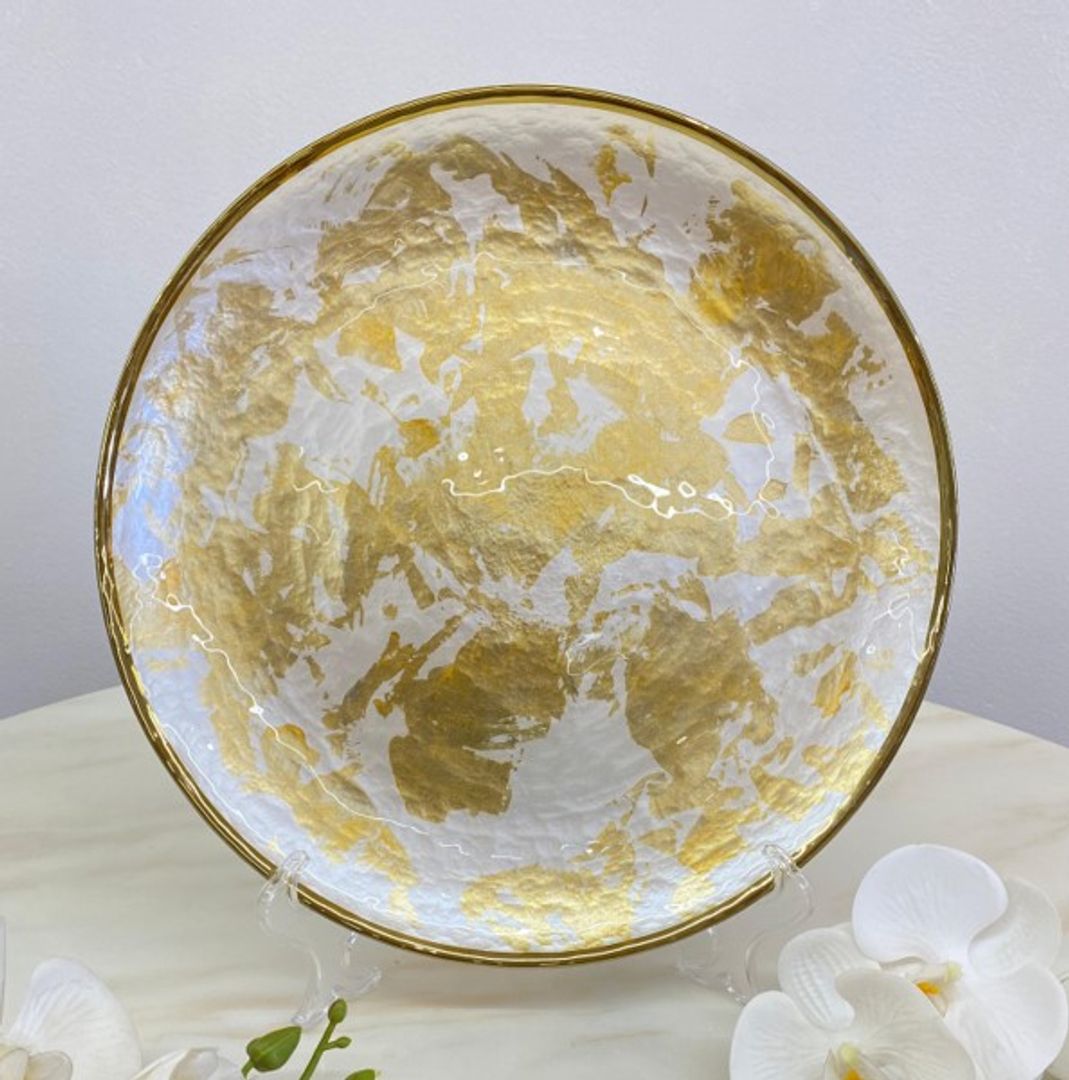 Bajo Plato Cristal Blanco y Dorado