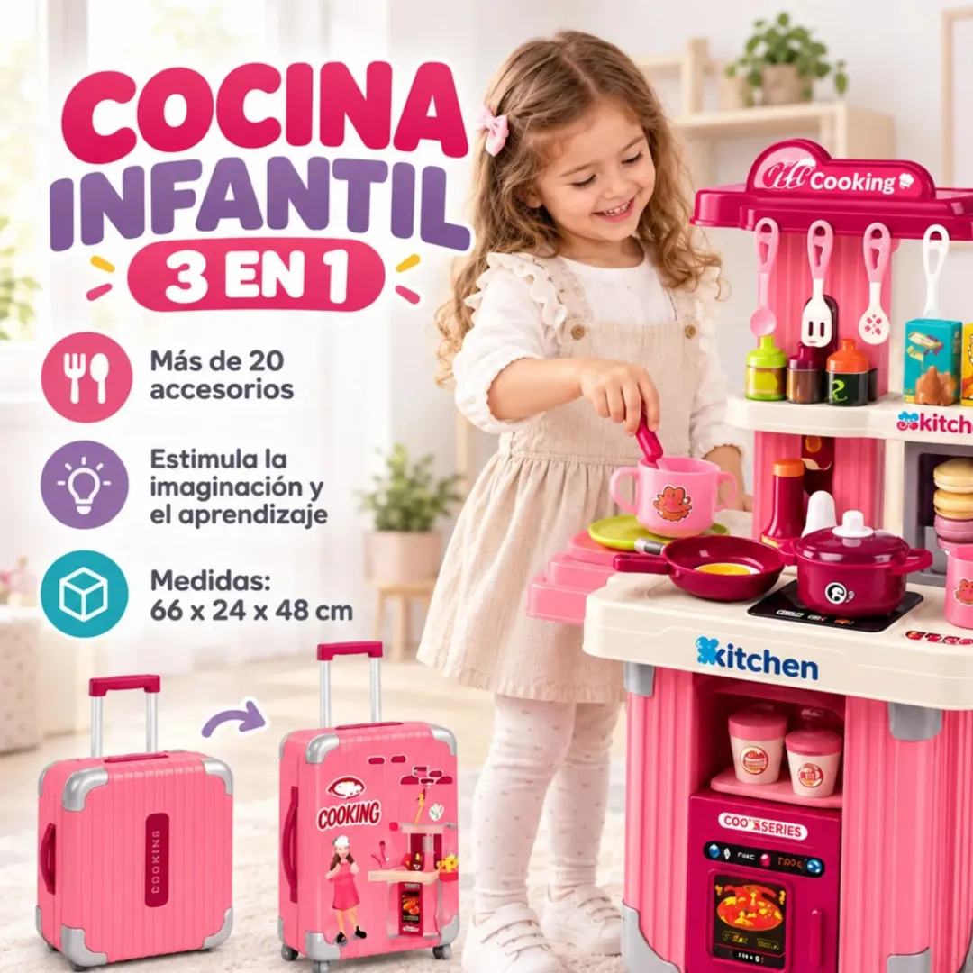 COCINA Y MALETA DE JUGUETE INFANTIL 3 EN 1