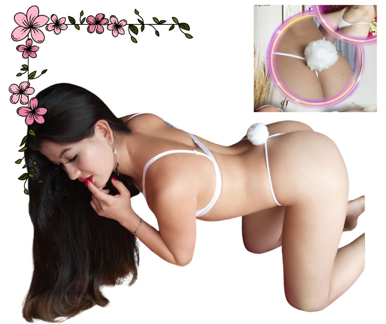 Tanga hilo en mallatex con pompón trasero 