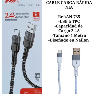 Imagen del producto CABLE AN-735 TIPO C ALTA VELOCIDAD 2.4AMPERIOS