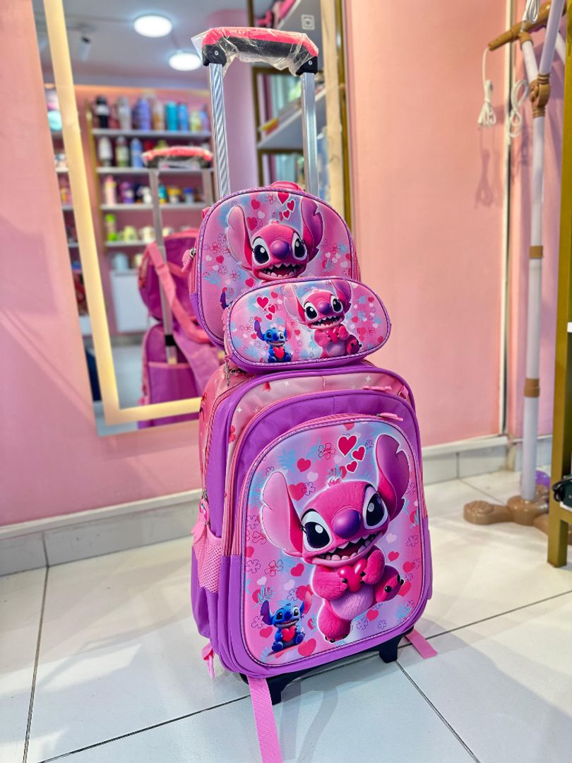 Combo escolar x3 con ruedas Stitch 