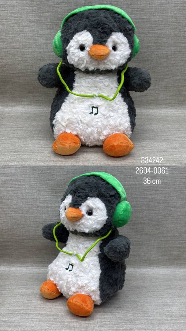 PINGUINO CON AUDIFONOS VERDE DE 36 CM 