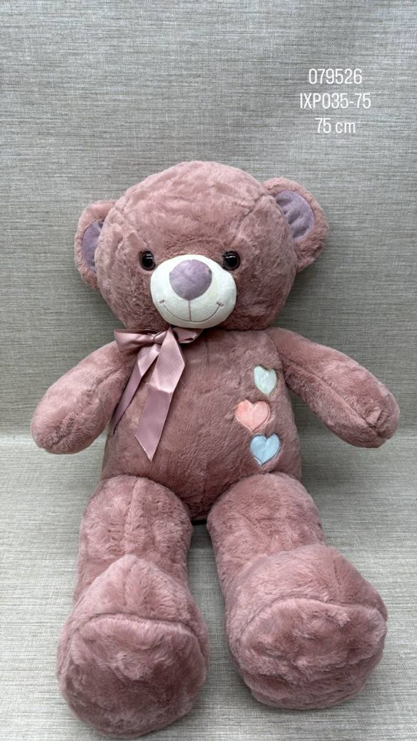 OSO PALO ROSA CON CORAZONES BORDADOS 75 CM 