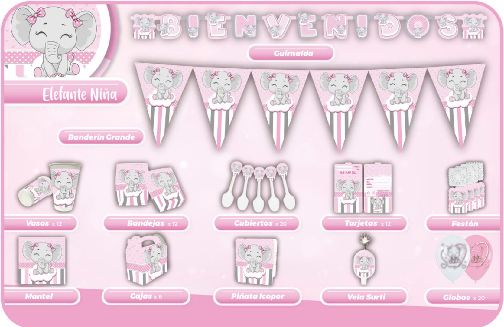 DECORACIÓN ELEFANTE BABY SHOWER ROSA