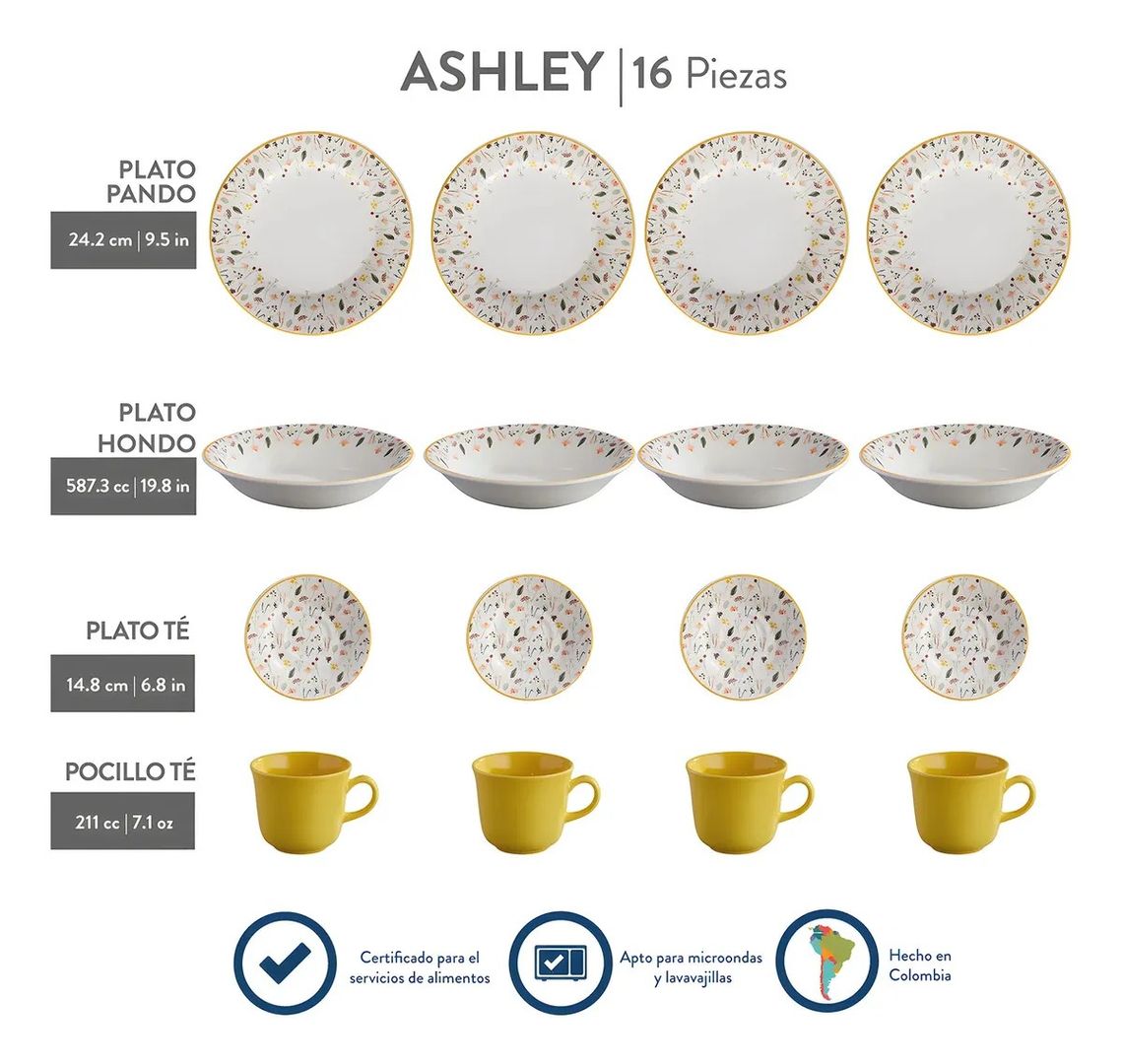 VAJILLA CORONA ASHLEY 4 PUESTOS 16 PIEZAS