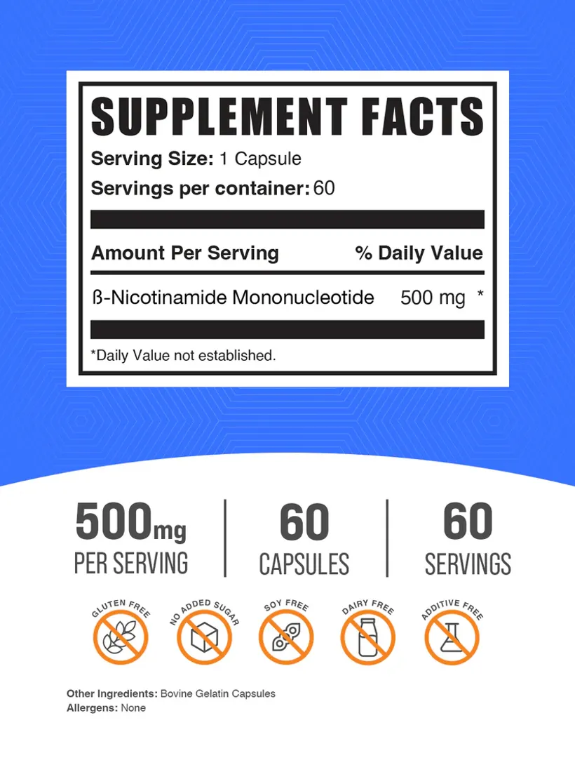 NMN Nicotinamide Mononucleotide 500MG 60SERV 60CAP BulkSupplements