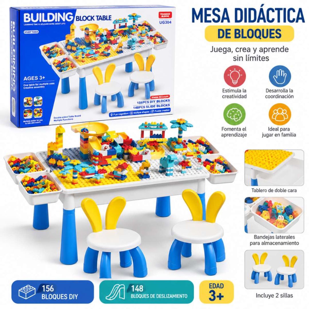 MESA INFANTIL DE BLOQUES DIDACTICA MULTIFUNCIONAL 304 PCS