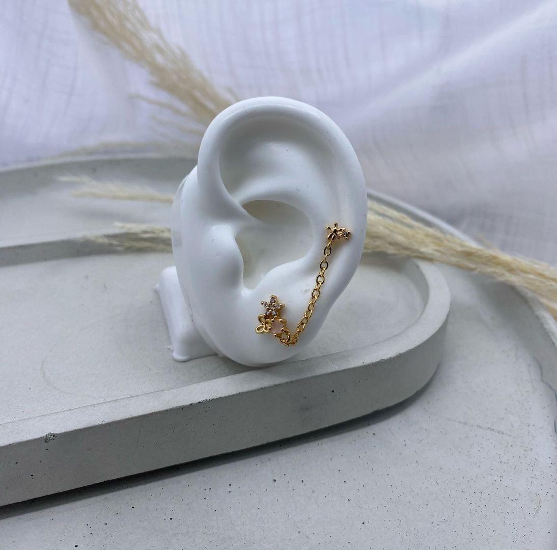 Topo con earcuff, perforación, unitario, oro rosa, covergold 