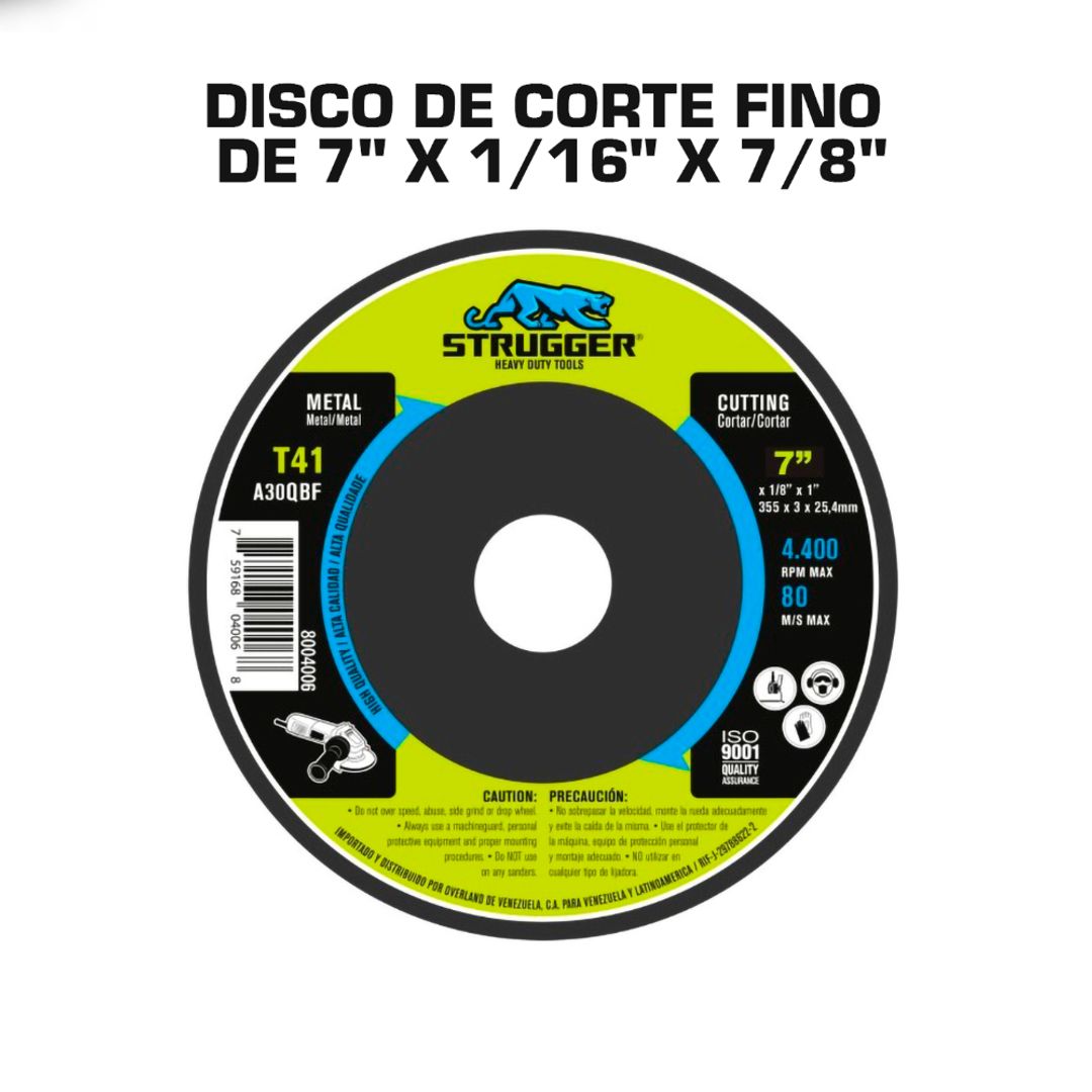 DISCO DE CORTE PARA ACERO AL CARBON 7"X1/16