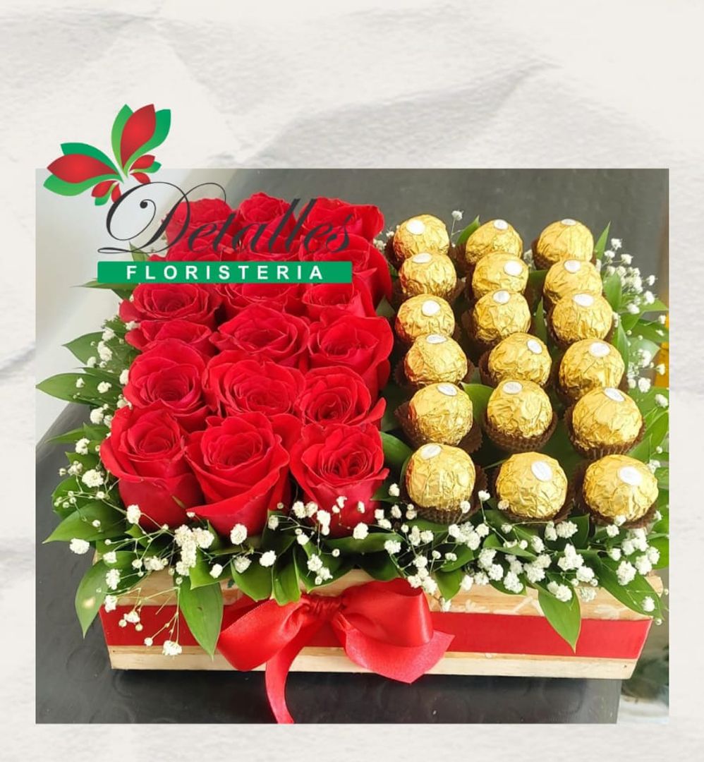 caja pino rosas y chocolates