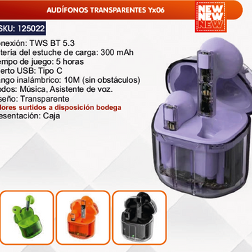 Imagen del producto AUDÍFONOS TRANSPARENTES Yx06