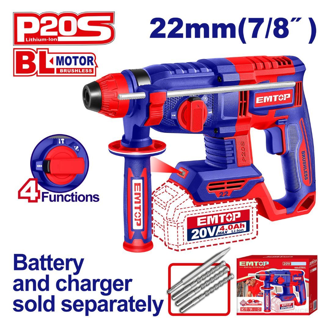 EMTOP ROTOMARTILLO 22MM 4F INALAM 20V CAP2J SDS+3BROCAS+1CINCEL NO INCLUYE BAT/CARG