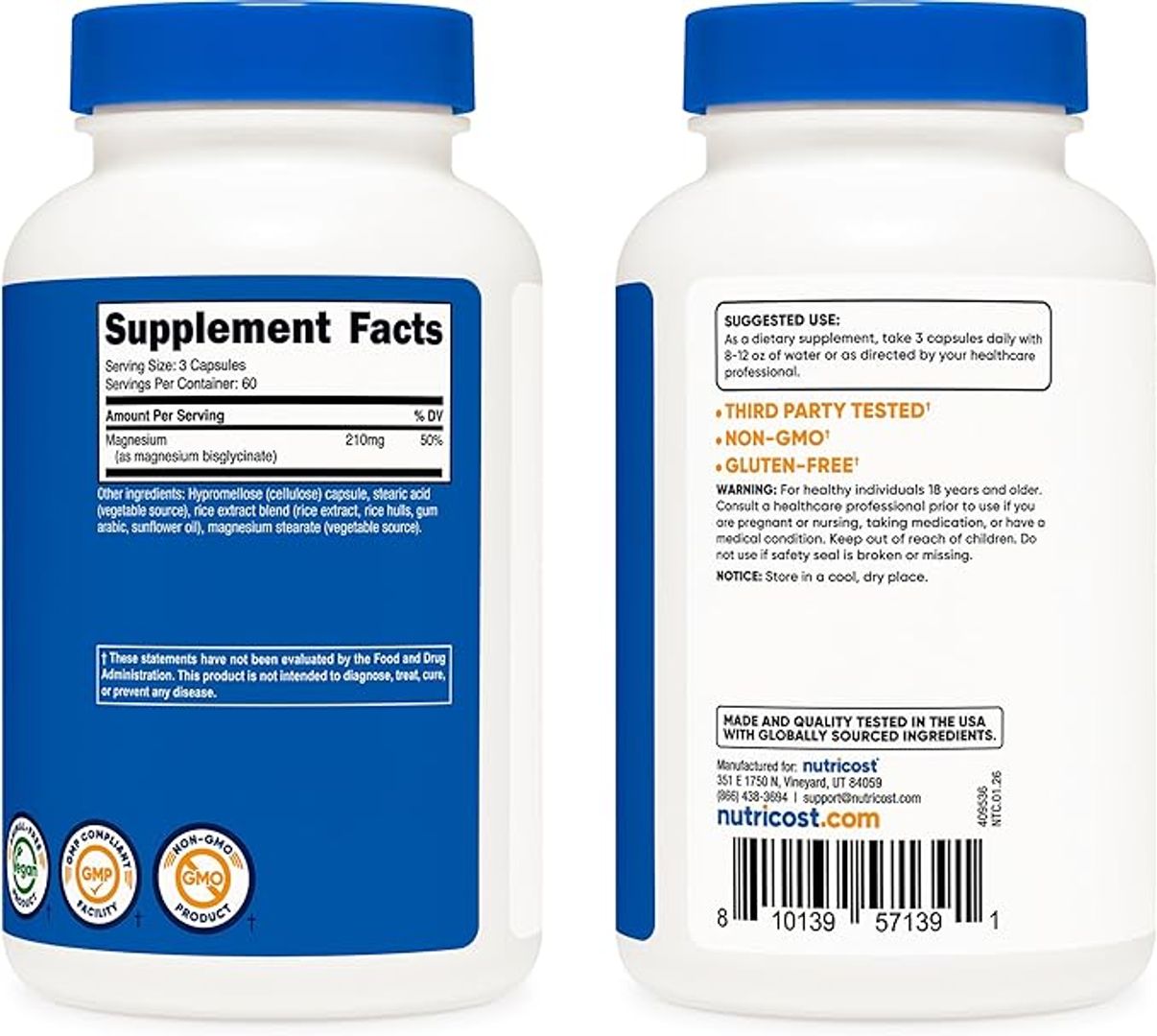 Glicinato de magnesio 180 cap 210 mg Nutricost