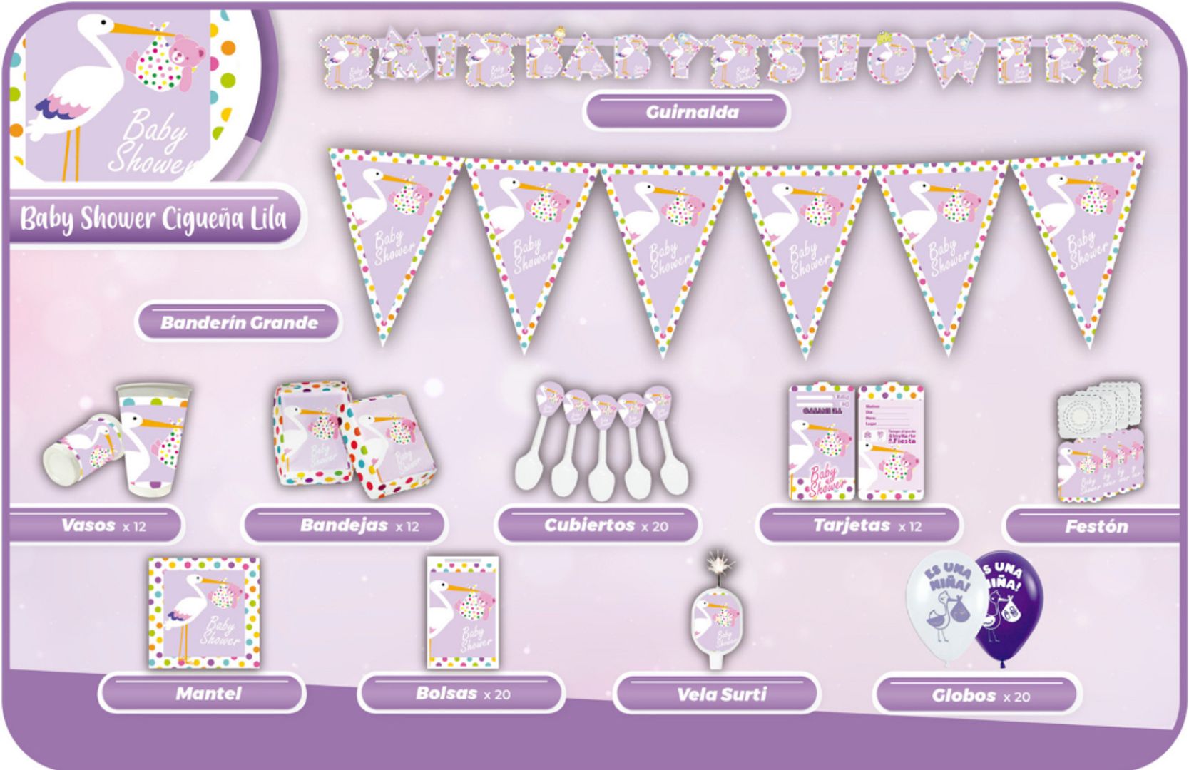 DECORACIÓN BABY SHOWER CIGÜEÑA LILA 