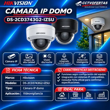 Imagen del producto Cámara IP Domo Hikvision DS-2CD3743G2-IZSU | Videovigilancia Profesional