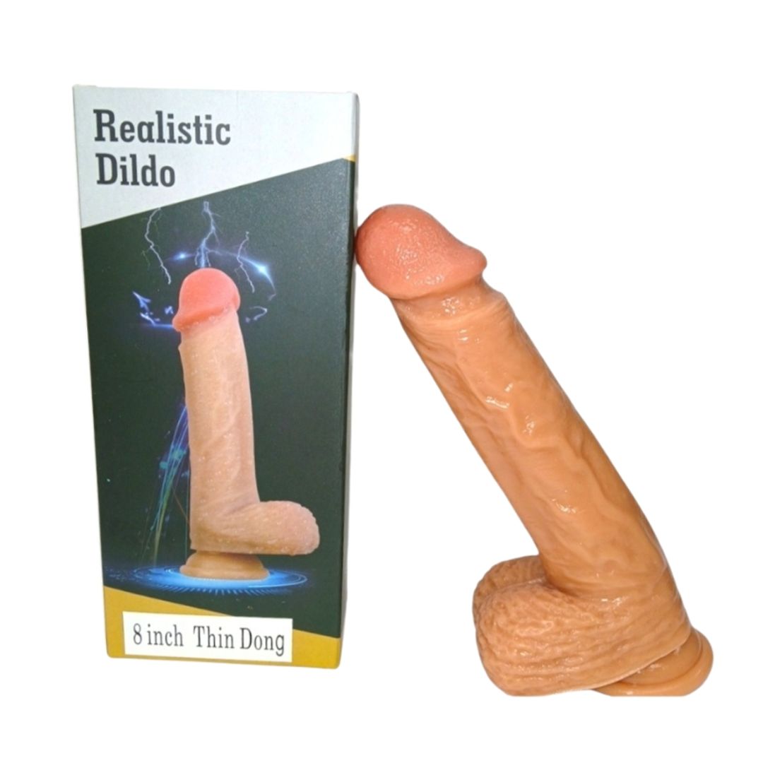 CONSOLADOR REALISTA TESTICULOS CURVO 8"