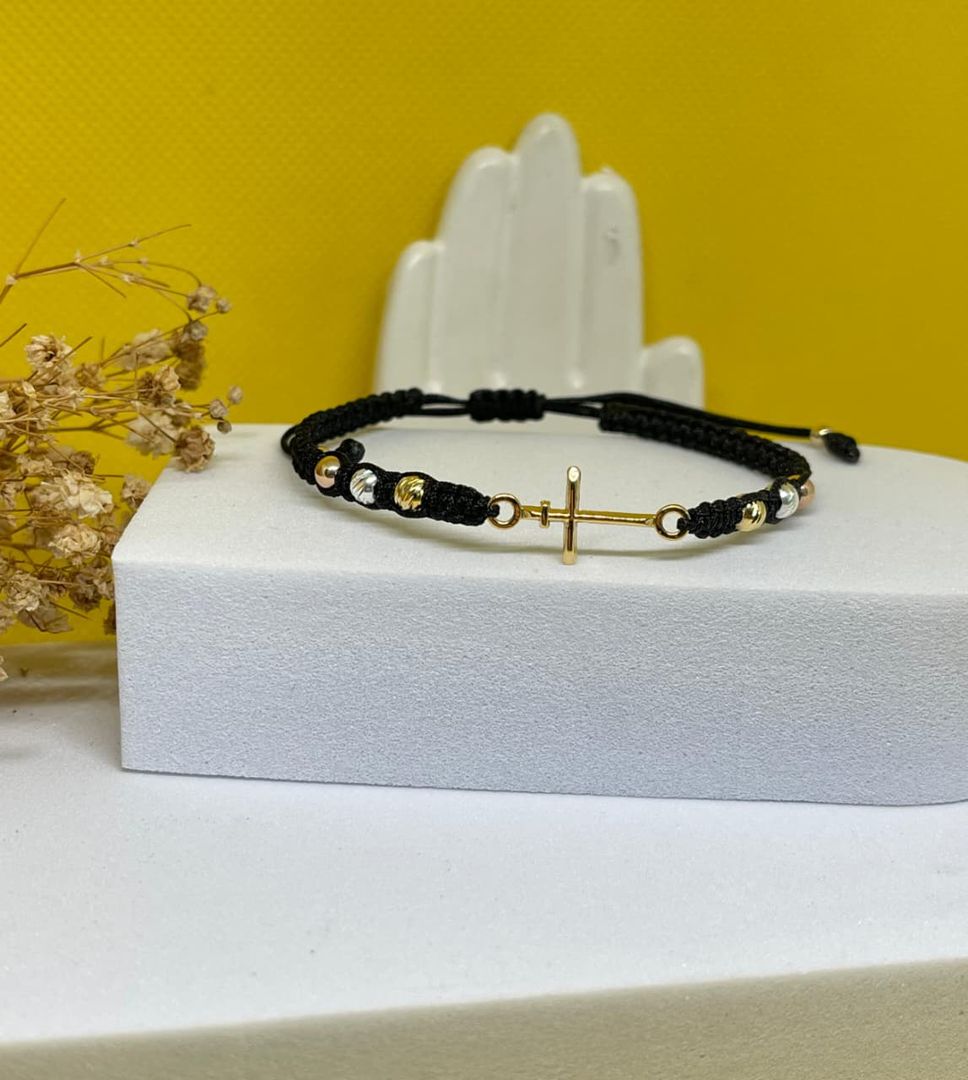 Pulsera cruz inri en 3 oros balin 4mm liso e italy