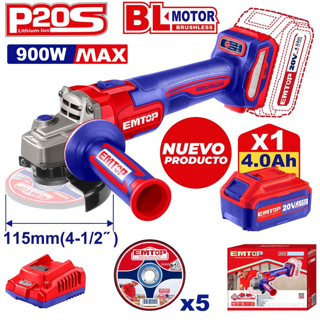EMTOP PULIDORA 4-1/2 BL 900W INALAM 20V+1BAT 4.0Ah+CARGADOR+5 DISCO 4-1/2"CARTON