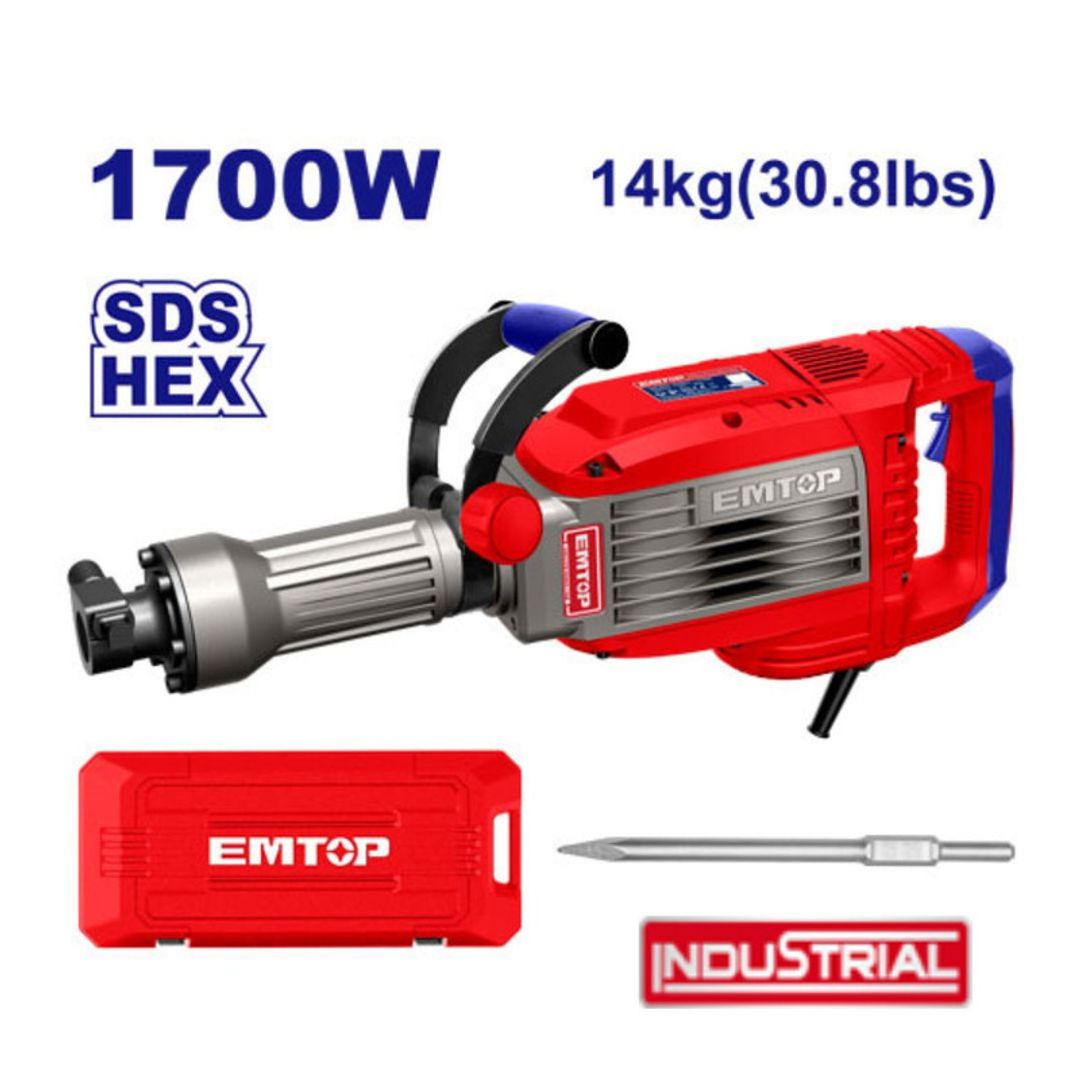 EMTOP DEMOLEDOR 1700W/120V CAP 50J SDS HEX + 1 CINCEL INDUSTRIAL