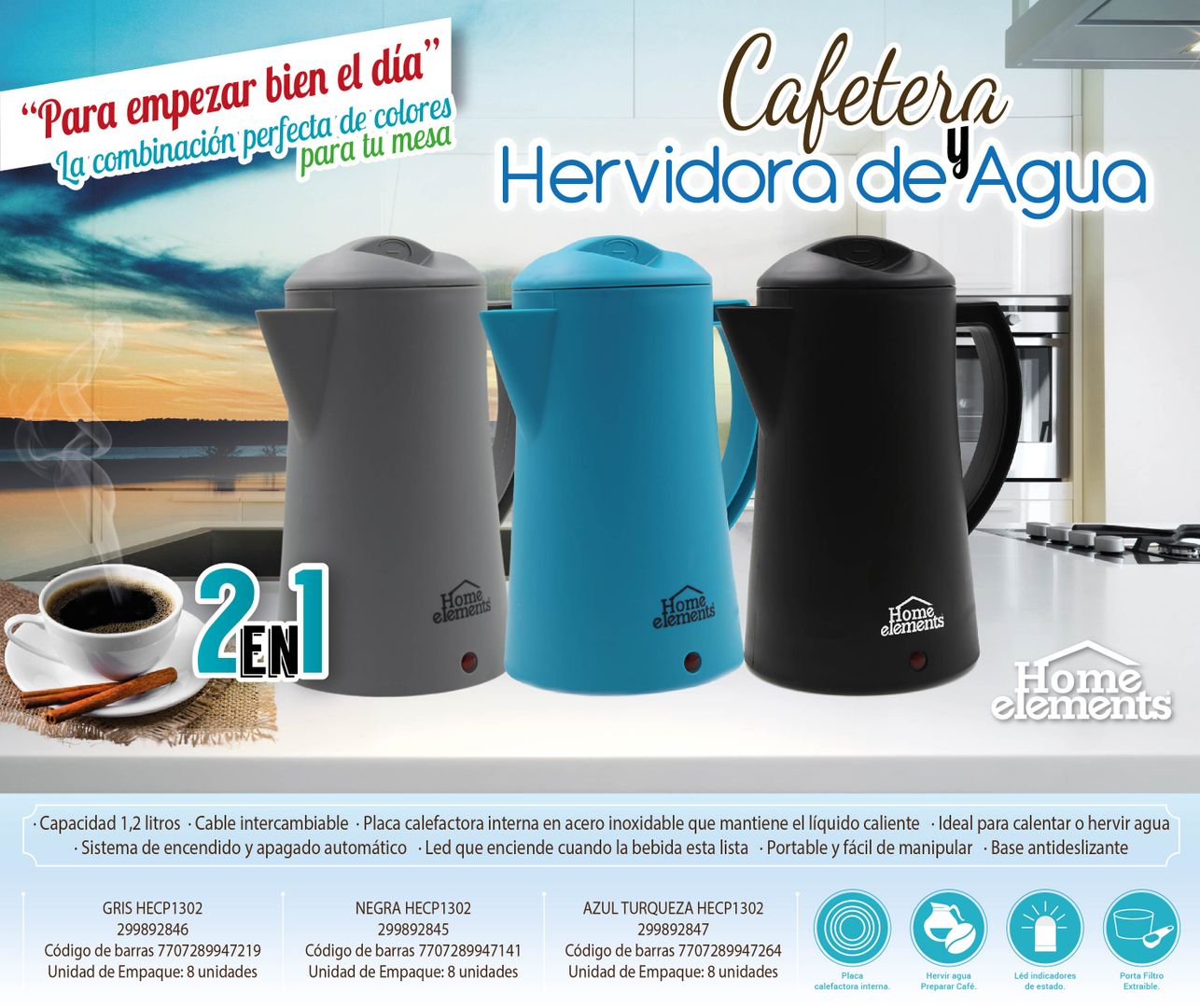 CAFETERA HERVIDORA HECP1302AT TURQUESA HOME ELEMENTS