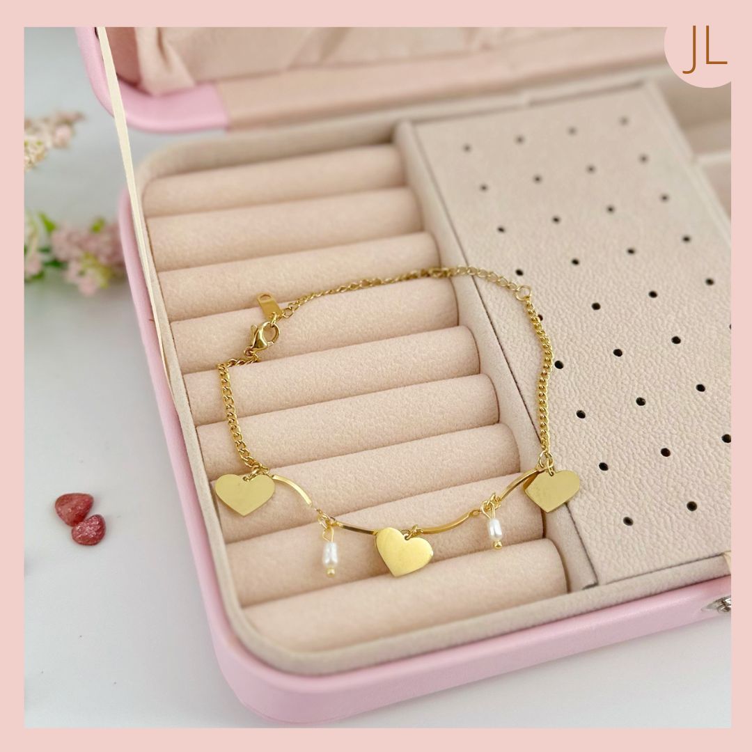 Tobillera Acero corazones Perlas