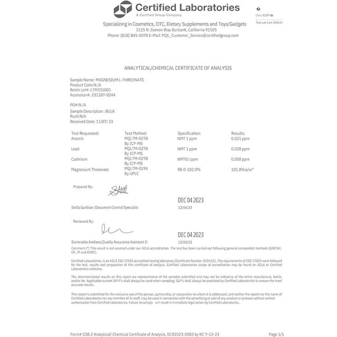 Magnesio L-treonato premium 2,000mg, 120 cap
