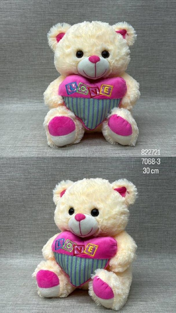 OSO CON CORAZÓN BRILLANTE FUCSIA 30 CM