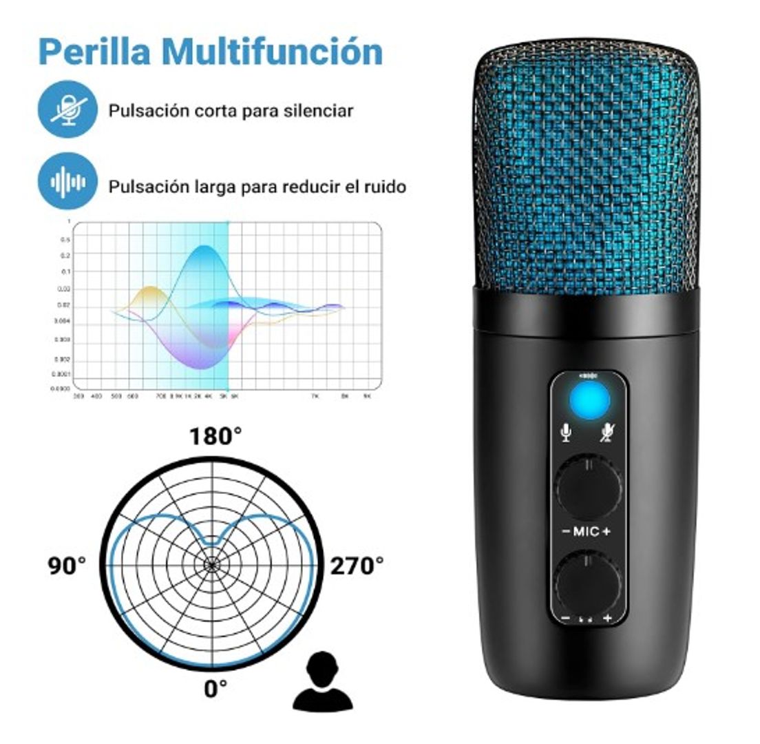  Micrófono Condensador USB+Tipo C, Micrófono de Computadora RGB con Filtro Pop y Trípode Adecuado para Windows, Mac OS, Linux, PC, Micrófono Multifuncional...