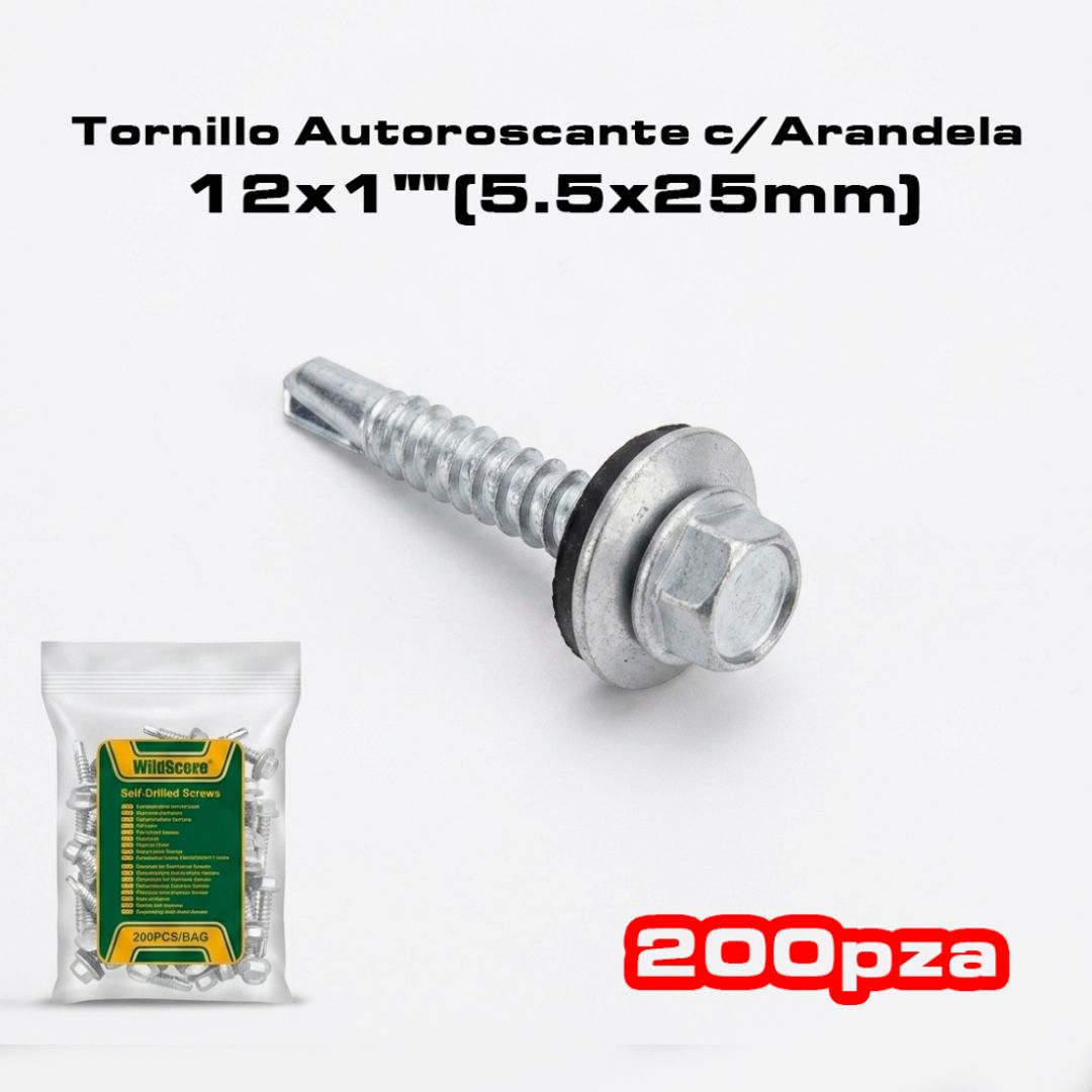 TORNILLO AUTORROSCANTE CON ARANDELA 12 X 1" 200 PIEZAS