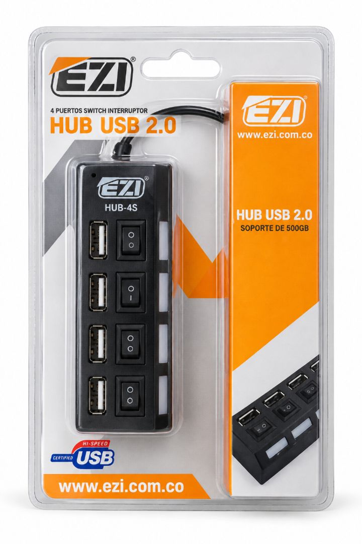 Hub USB 2.0 EZI de 4 puertos con interruptores individuales