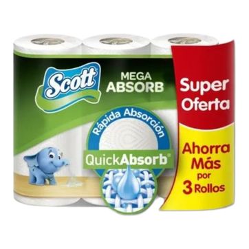 Imagen del producto R. TOALLA COCINA SCOTT DESECHABLE MEGA ABSORB X 3 ROLLOS X 45 HJ