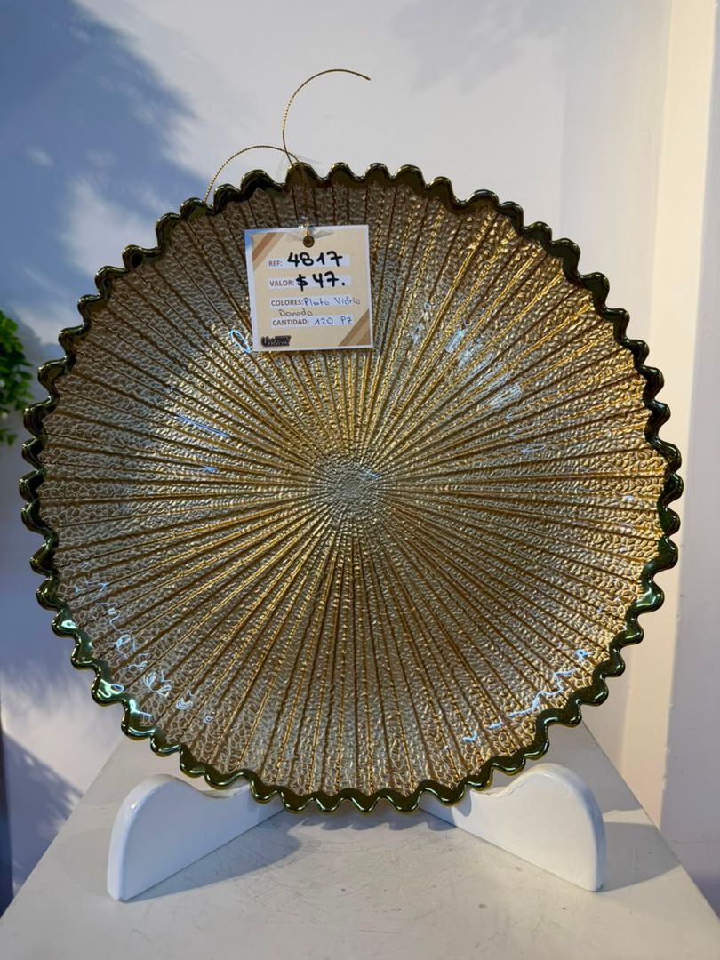 SOBREPLATO DE VIDRIO TALLADO DORADO CON BORDE