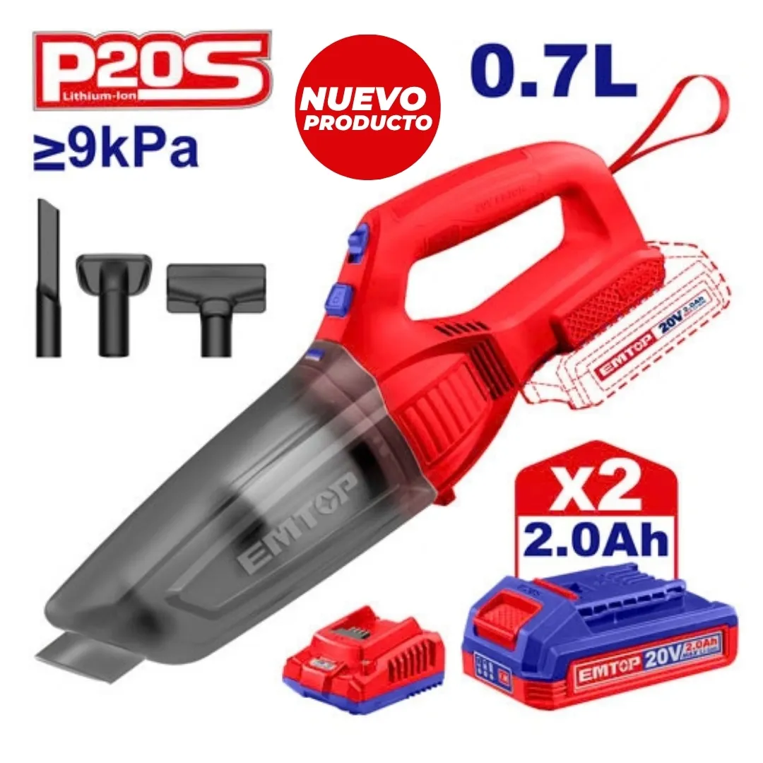 EMTOP ASPIRADORA DE MANO 0,5L INALAM 20V+2BAT 2.0Ah+CARGADOR+ACCESORIOS