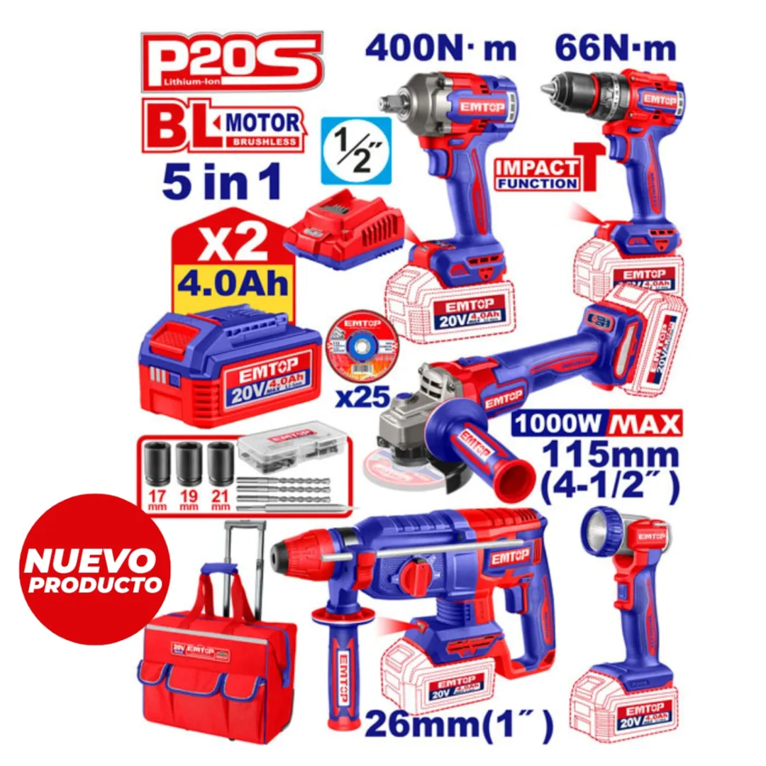 EMTOP COMBO 5PC TALADRO 1/2PERC+LLAVE IMP+PULIDORA+ROTOMAR+LAMP+2BAT 4Ah+CARG+AC