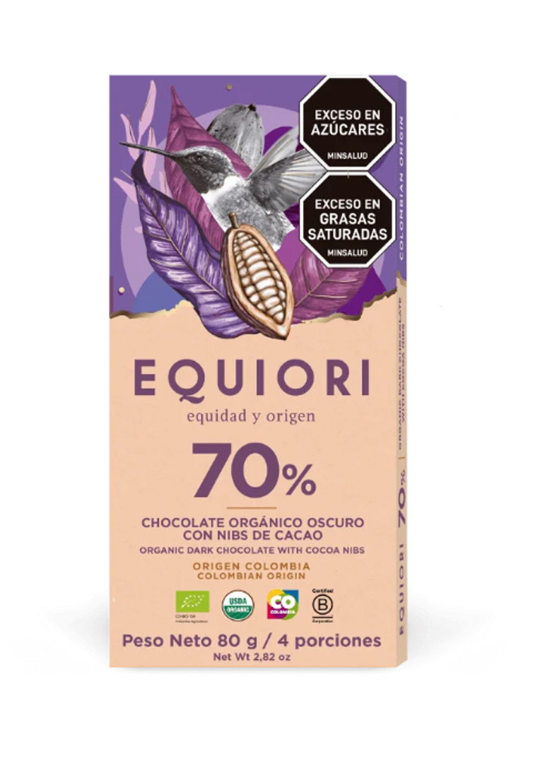 EQUIORI CHOCOLATE 70% CACAO NIBS X 80GR