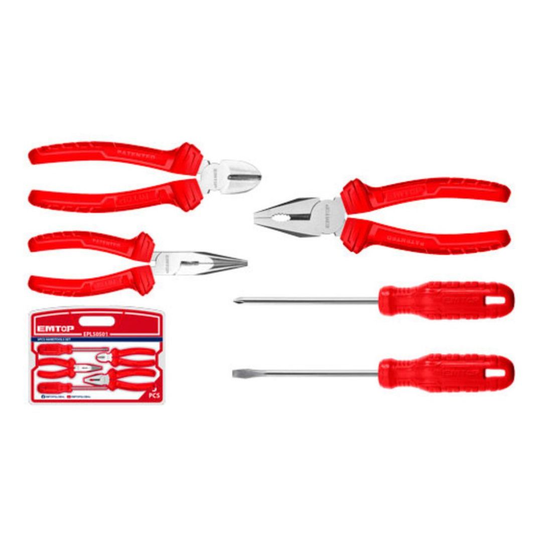 EMTOP SET HERRAMIENTAS 5PCS ALICATE 7"/CORTA FRIO 6"/PINZA 6"/2 DESTOR.  SUPER EMTOP