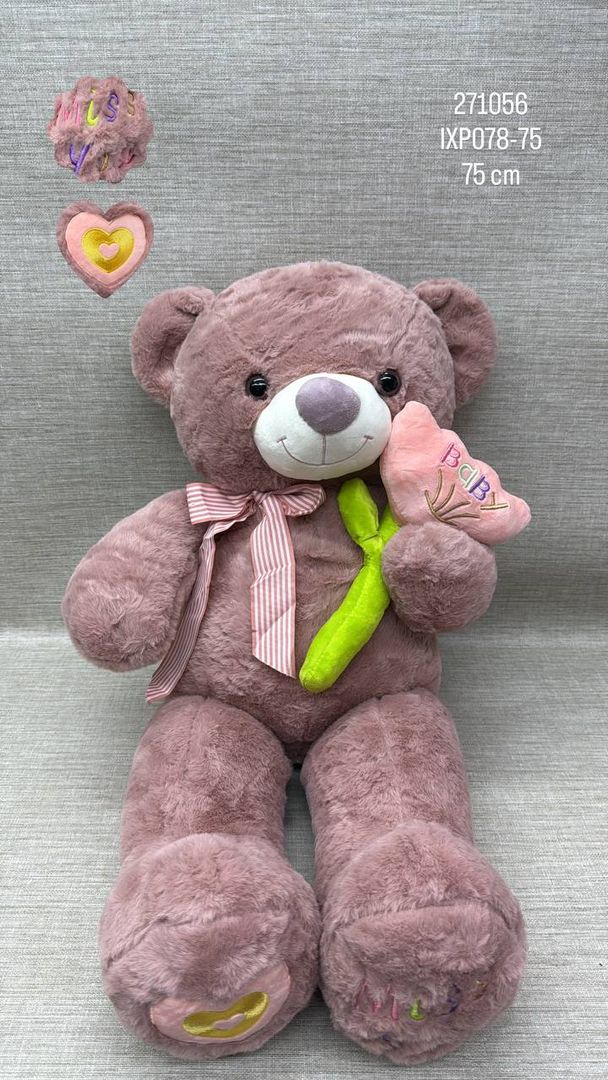 OSO PALO ROSA CON FLOR BORDADA BABY DE 75 CM 