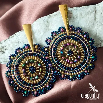 Imagen del producto Aretes en bronce mandala flor tejido a mano en mostacilla y murano  azul