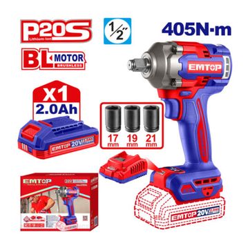 Imagen del producto EMTOP LLAVE DE IMPACTO 405Nm 1/2 BL INALAM 20V + 1BAT 2.0Ah+CARGADOR+3 COPAS
