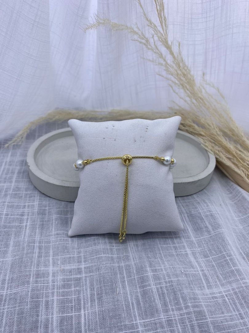 Pulsera, perla blanca, osito, dorado, covergold 