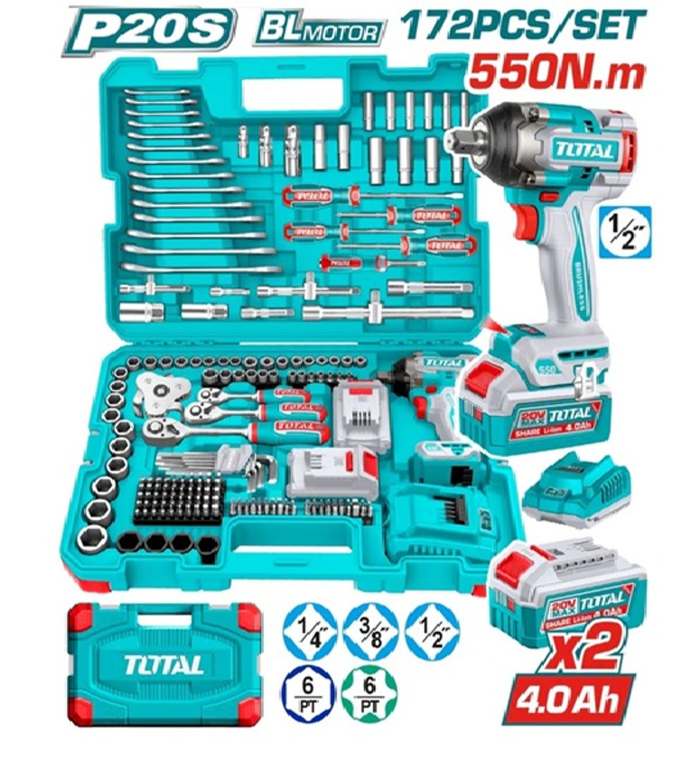 PISTOLA IMPACTO INALAMBRICA 1/2 20V 550 NM INCLUYE 2 BATERIAS 1 CARGADOR + 172 ACCESORIOS INSDUSTRIAL SUPER TOTAL