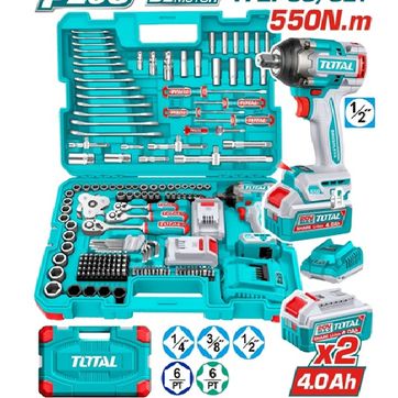 Imagen del producto PISTOLA IMPACTO INALAMBRICA 1/2 20V 550 NM INCLUYE 2 BATERIAS 1 CARGADOR + 172 ACCESORIOS INSDUSTRIAL SUPER TOTAL