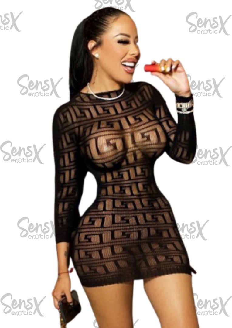 mini vestido manga larga en malla con cuadritos 