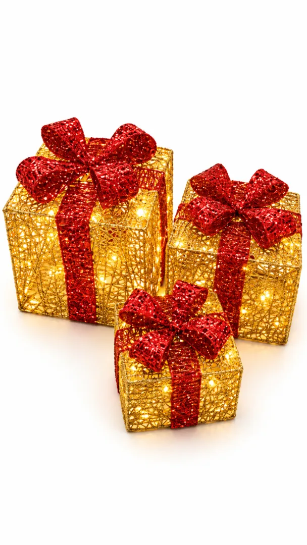 REGALOS X 3 CON LUZ CALIDA DORADO CON ROJO