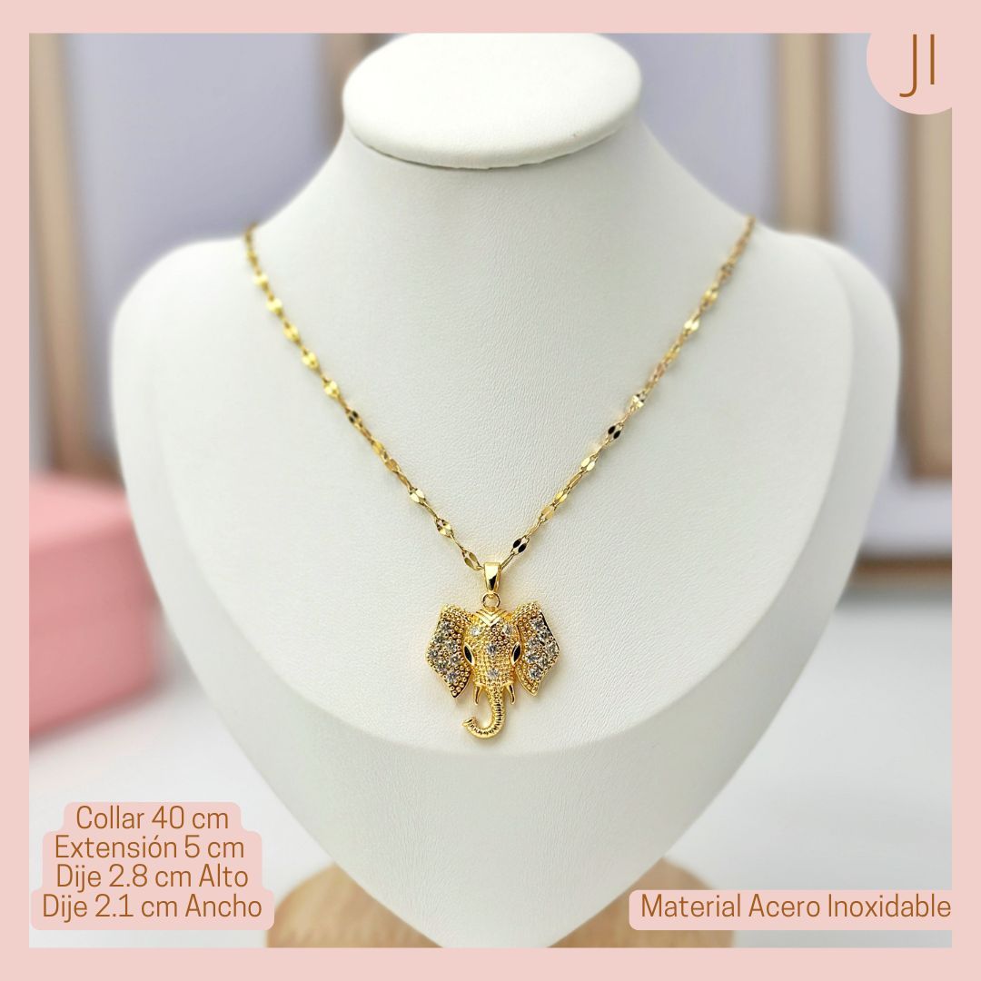 Collar Dije Elefante Dorado circonado