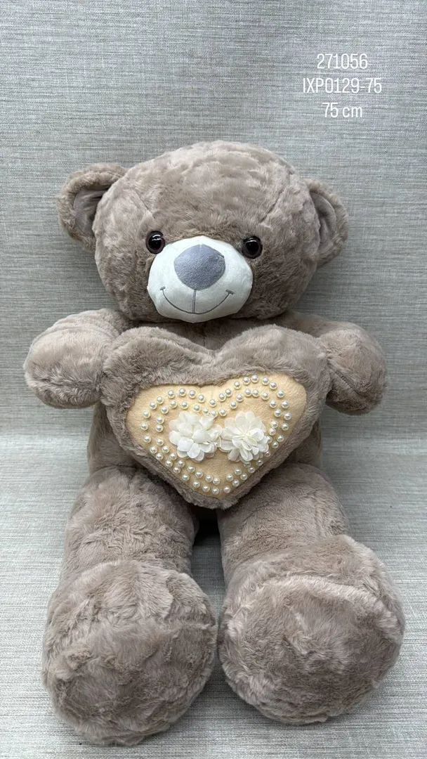 OSO GRIS  PATAS LARGAS  CON CORAZON  DE PERLAS 75 CM 