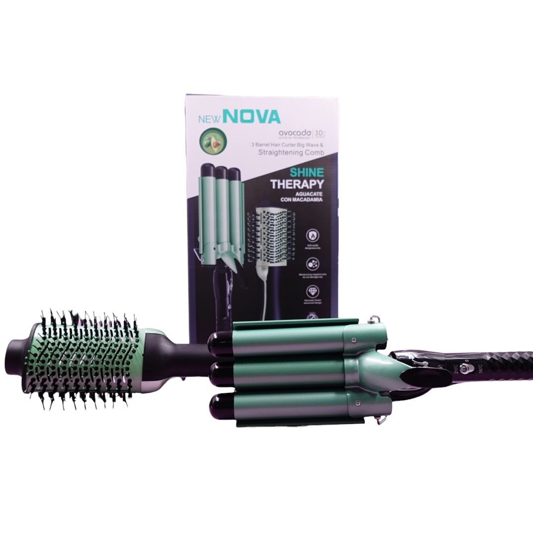 COMBO PLANCHA SIRENA Y CEPILLO SECADOR AGUACATE NOVA 